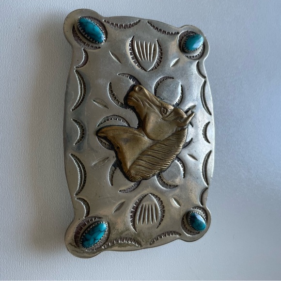 Silver Belt Buckle with Horse Design and Turquoise Accents - Picture 6 of 6